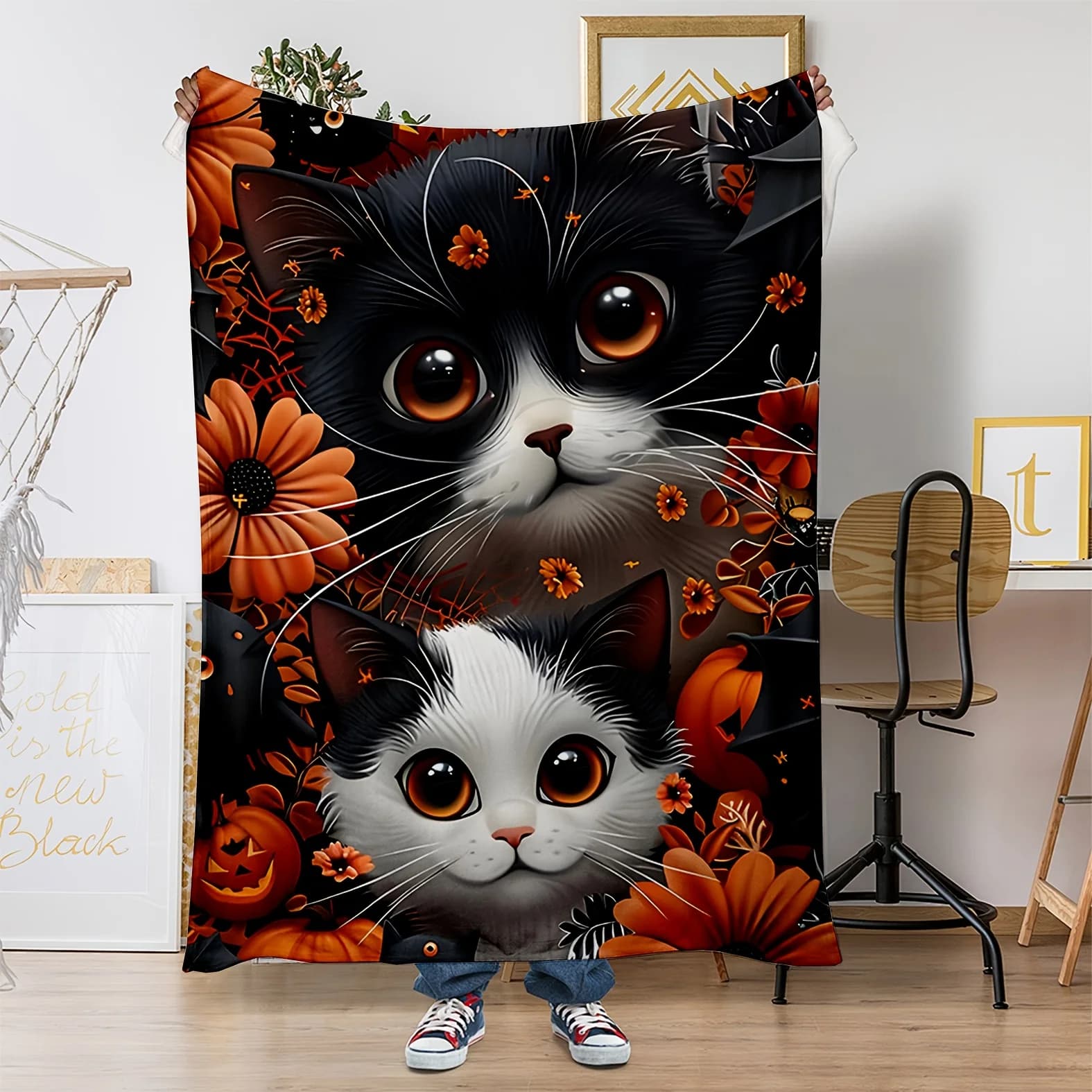 fluffy black and white cat Flannel printed blanket suitable for all seasons suitable for living room office sofa and travel