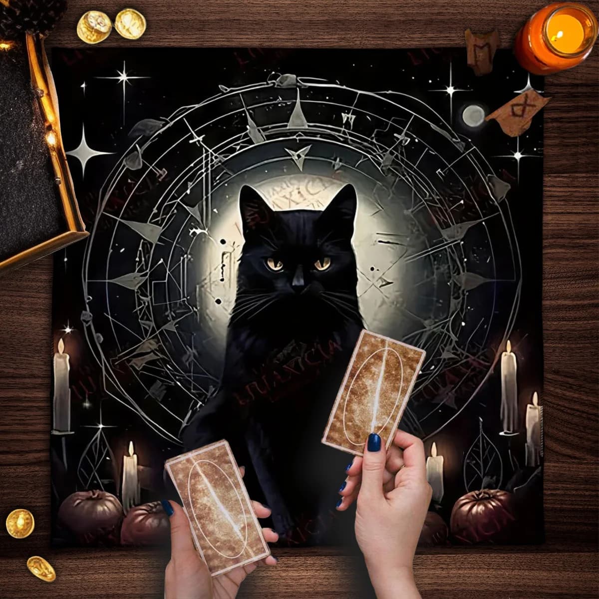 Tovaglia per carte dei tarocchi del gatto della strega Cielo stellato Panno per altare Divinazione Stregoneria Astrologia Forniture Decorazioni per la casa