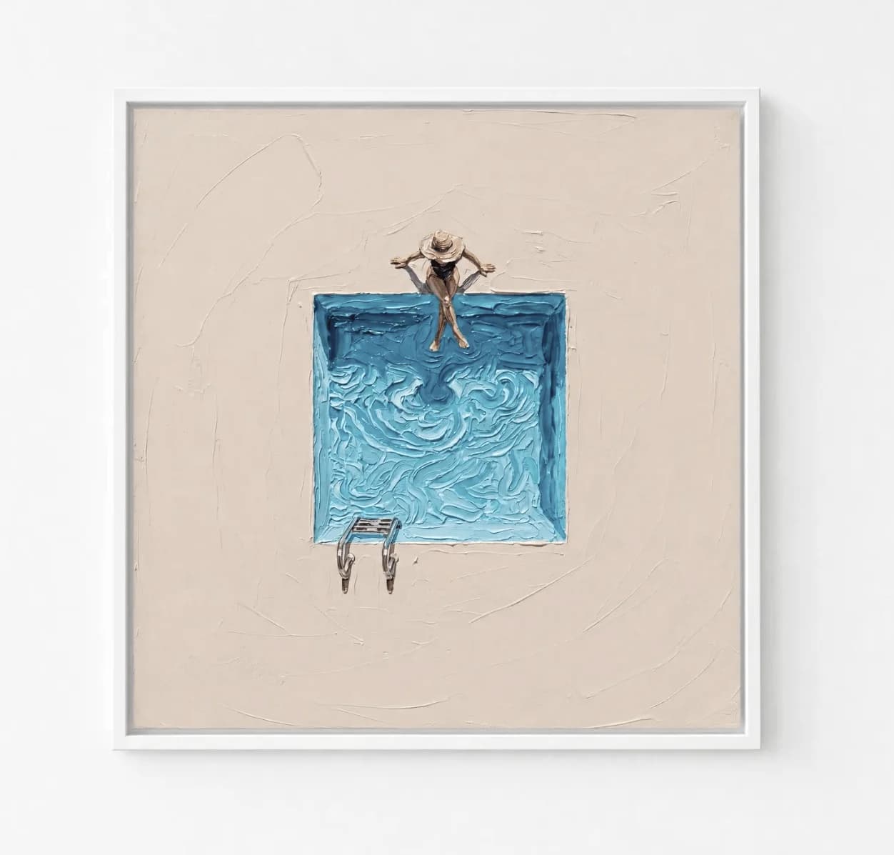 Thick Texture Swimming Pool Woman Canvas Wall Art, Minimal Summer Figure Canvas Prints, Impasto Art for Living Room Bath Decor