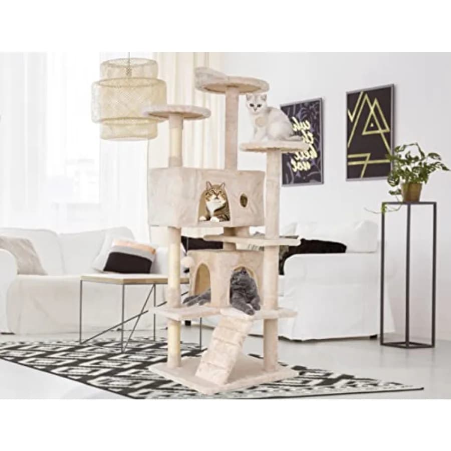 Go Pet Club 54'' Tall Multi-Level Cat Tree with 3 Scratching Posts, 3 Platforms, 2 Condos, Toys, Corner Design for Large Cats