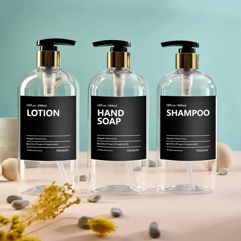 6 etichette per dispenser di sapone con etichette per lozione nera impermeabile, shampoo, balsamo, lavaggio del corpo, adesivo per bottiglia da doccia per bagno