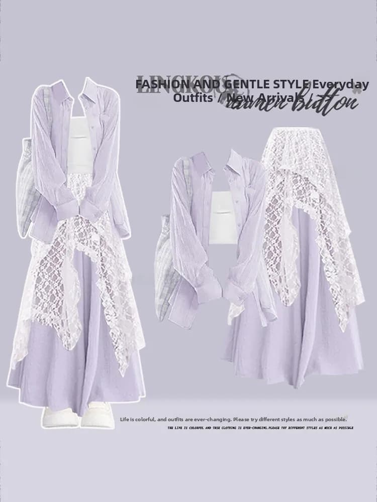 plus Size Spring Summer Purple Women's Dopaamine Thin Sun Protection Shirt Strap Wide Leg Pants Lace Skirt Four Piece Set