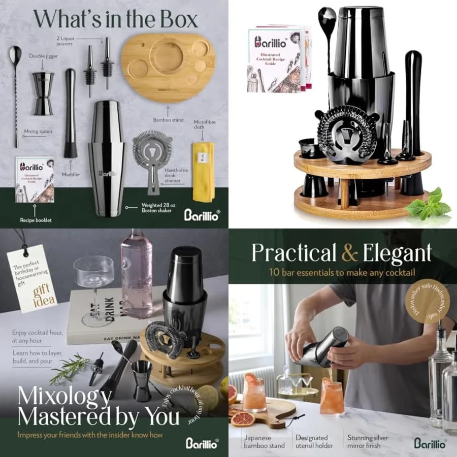 Mixology Bartender Kit with Stand - Cocktail Shaker Set with Bamboo Stand, Boston Drink Shaker, Mojito Muddler, and Drink Mixer