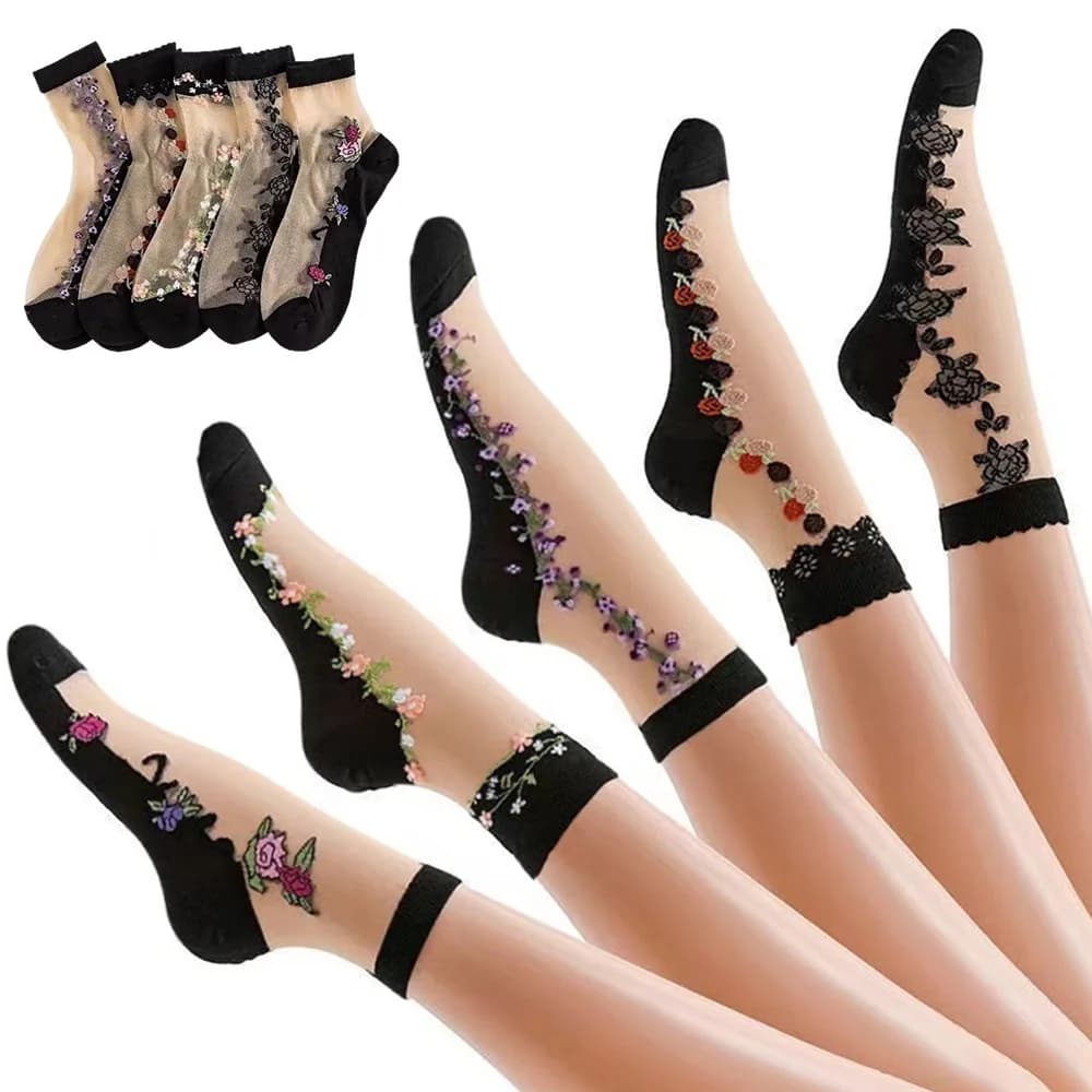 5 Pairs Women Summer Transparent Thin Socks Set Female Lady Floral Breathable Girl Silk Short Socks For Women Wholesale