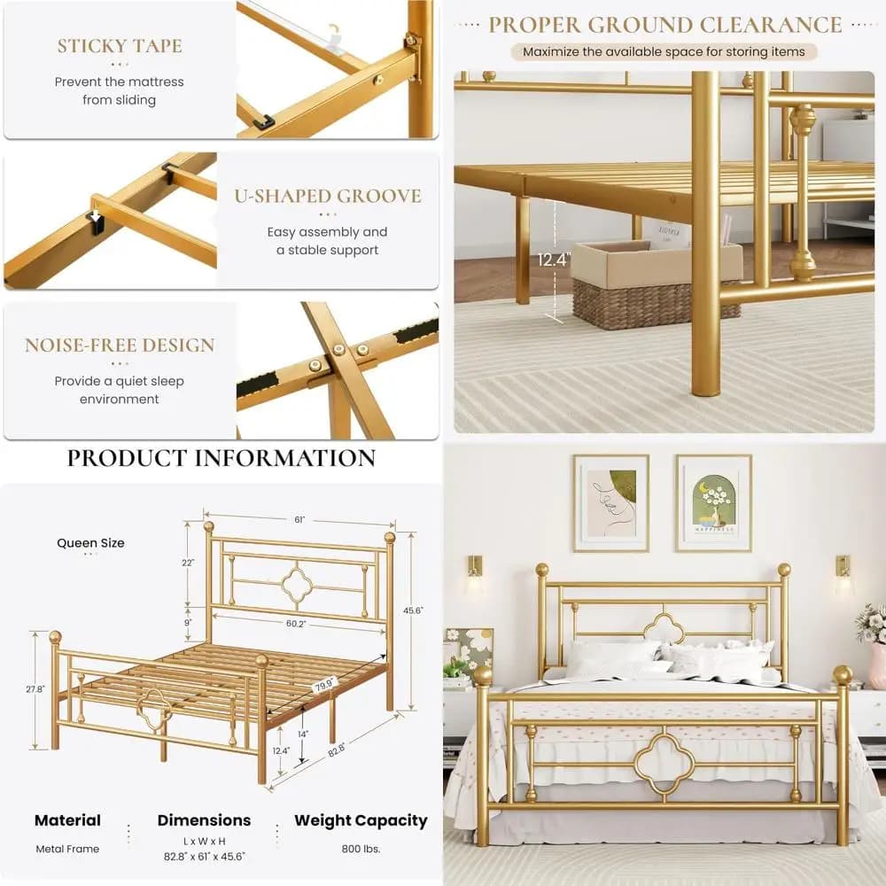 Letto matrimoniale in metallo dorato stile vintage con base per materasso, contenitore, facile montaggio, silenzioso