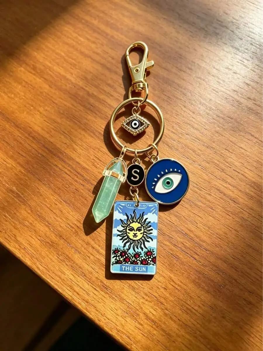 Multi Charm Keychain With Evil Eye, Crystal, Tarot Sun Card And Letter S Pendant For Bag Phone Decoration
