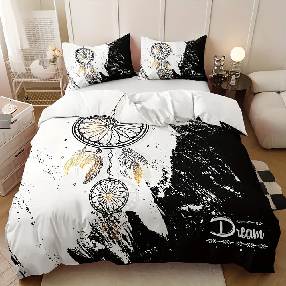 Set biancheria da letto chic Dreamcatcher in bianco e nero, morbidi e traspiranti, facili da pulire, copripiumino in 3 pezzi, federe per il comfort per tutte le stagioni