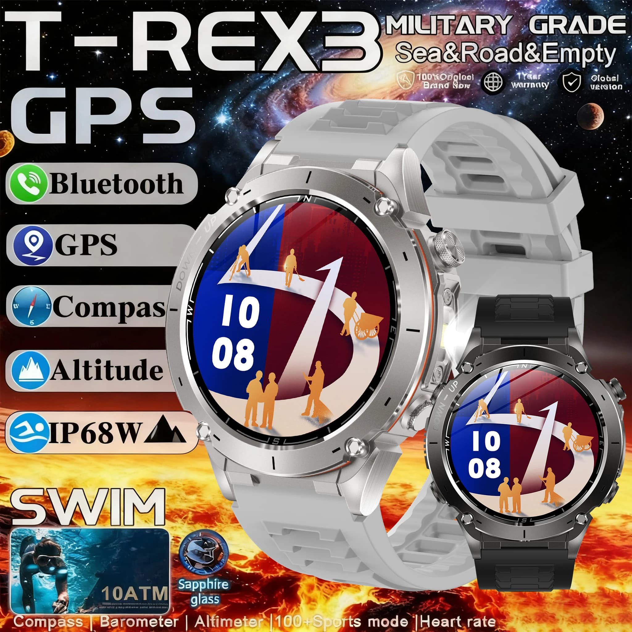 10ATM Impermeabile 1000mAh Batteria BT Chiamata Frequenza cardiaca Pressione sanguigna Localizzatore sportivo nuoto 2025 Nuovo orologio intelligente GPS militare