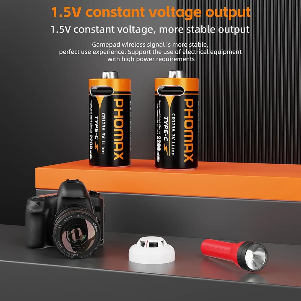 Batterie PHOMAX CR123A con cavo di ricarica rapida USB-C Batteria agli ioni di litio da 3 V 22000 mWh per torce elettriche Telecamere Allarme fumo Microfono