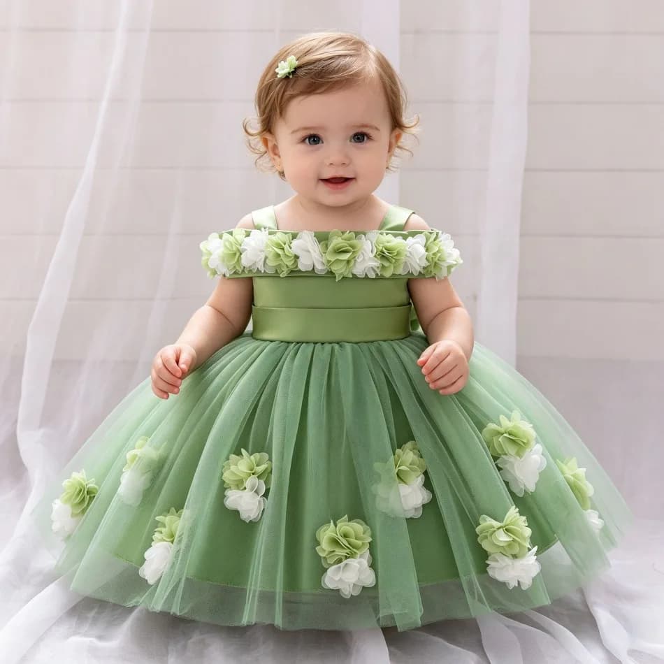 Nuovo Vestito da Principessa per Neonata, Abito con Fiori Tridimensionali e Spalla Scoperta in Tulle, Vestito da Cerimonia per Bambina ASQ03