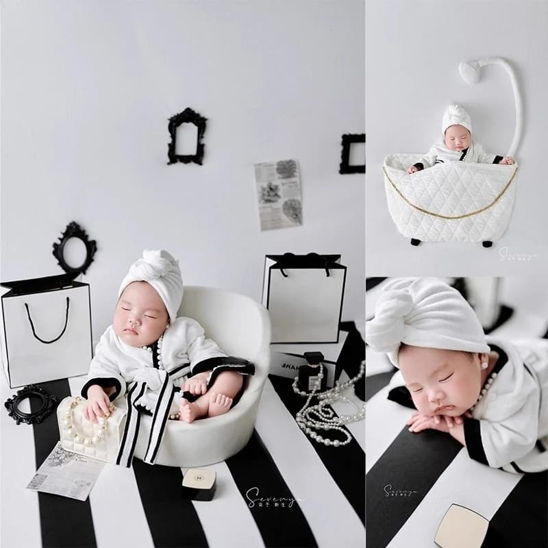 Newborn photo dress set White bathrobe with background decorations for bathtub, handbags, jewelry decorations for photo shoot in studio