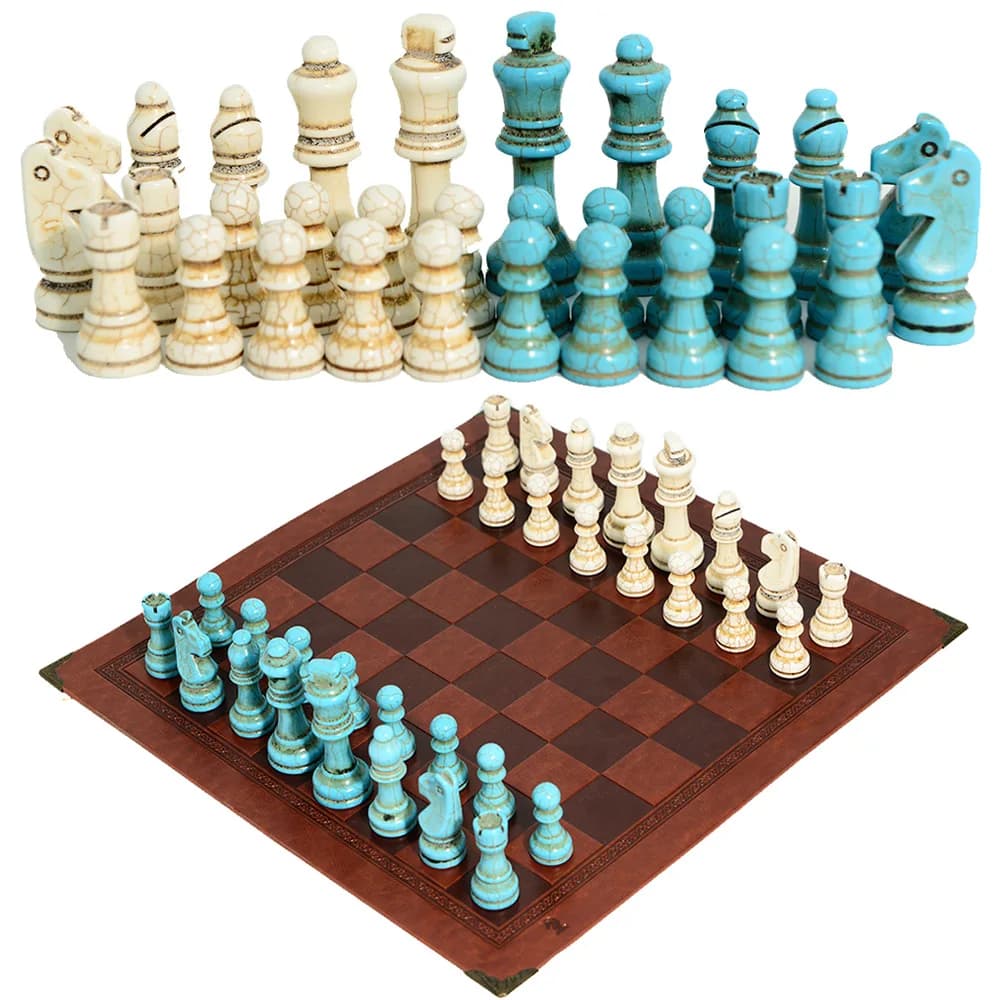 Blue White Turquoise Chess Set with Faux Leather Chess Board Mat, Multiple Piece Colors Available