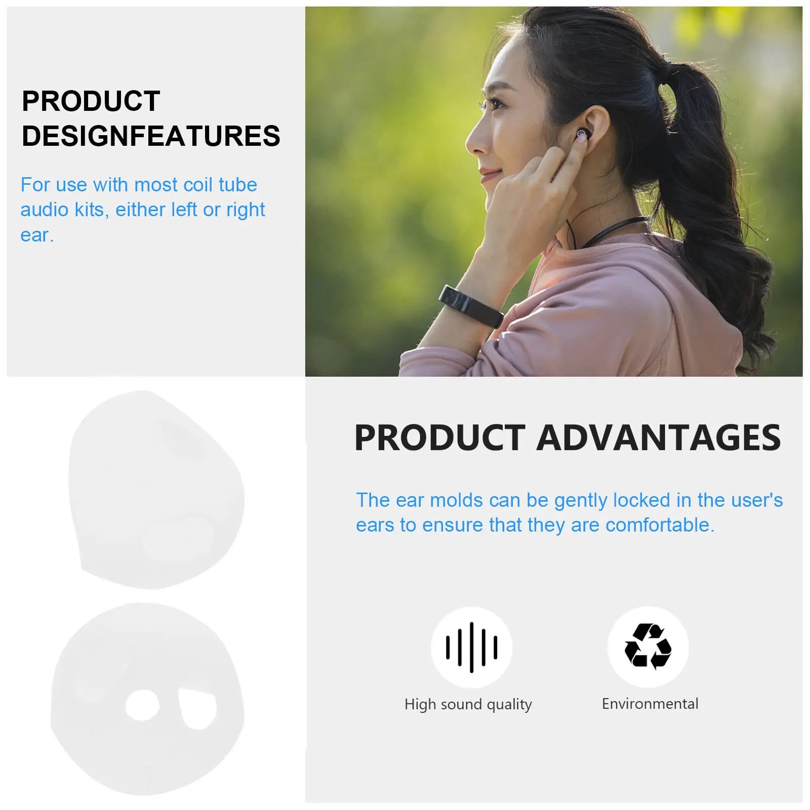 2 pairs of spare silicone ear plugs, light and non-slip wireless earphones, noise reduction support