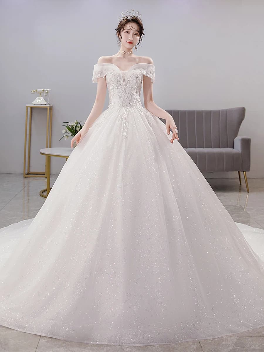 Beading Wedding Dress Appliques Boat Neck Off The Shoulder Bridal Gowns Lace Sequined Plus Size Vestido De Noiva Customized
