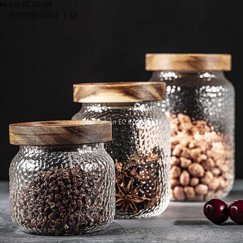 400-1000ML Acacia wood cover glass jar transparent hammered glass Sealed Spice Jar Storage Bottle Coffee Bean Tea Storage Jars