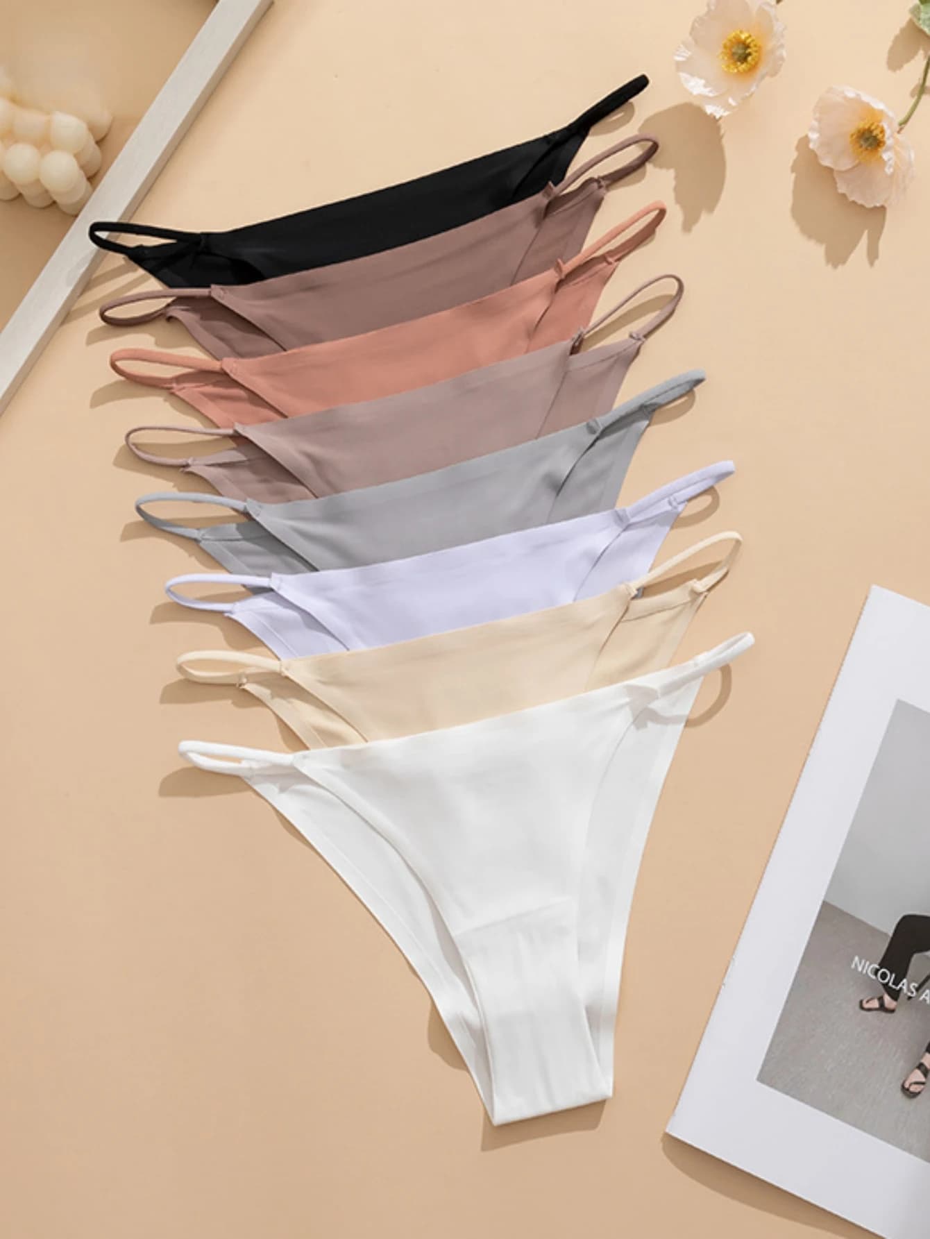 8PCS Seamless Ice Silk Thin Strap Low Rise Women Invisible Daily Bikini Underwear