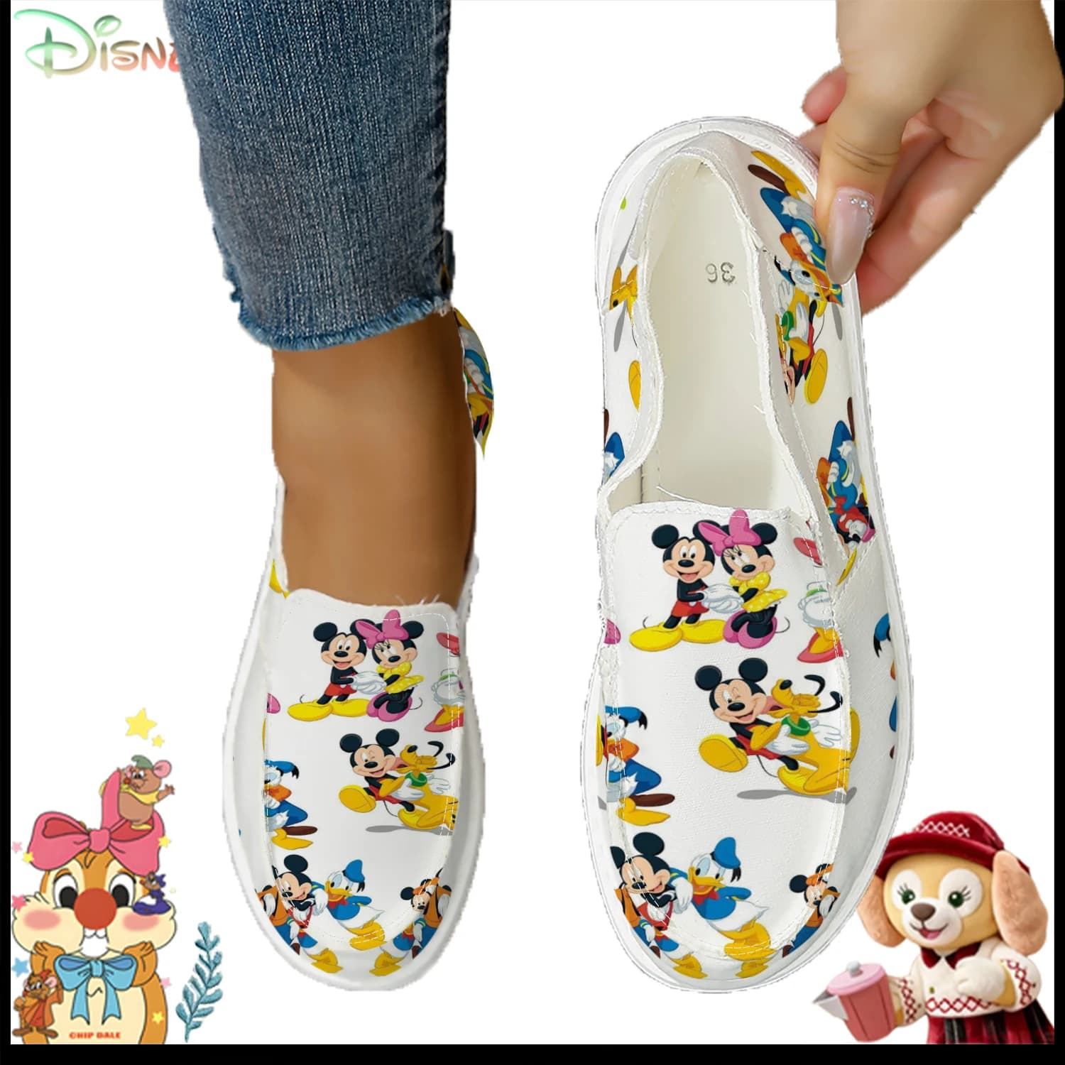 Comode Scarpe Slip-On Bianche con Personaggi Disney Classici, Sneakers Casual con Stampa Cartoon per Uso Quotidiano