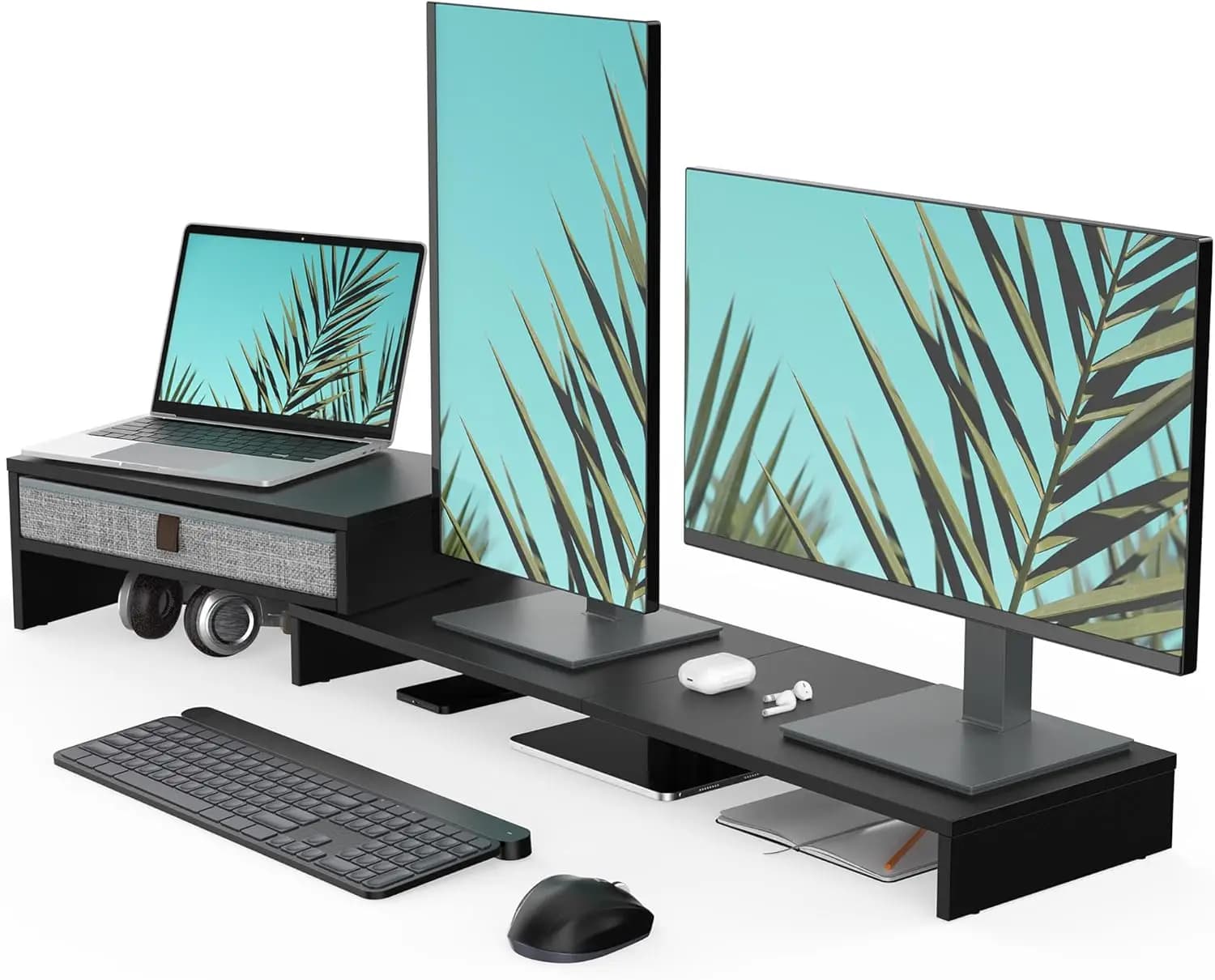 Adjustable Monitor Support with Drawer for 2-3 Screens, Desk Organizer Ergonomic Black