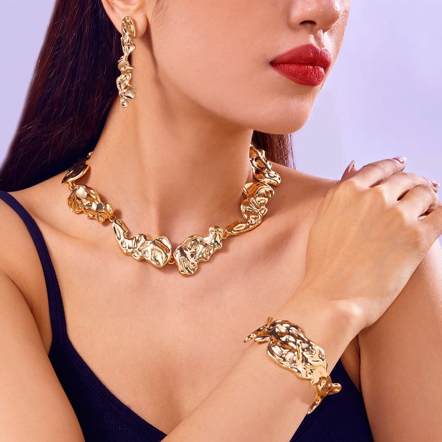 Creativo irregolare collana di metallo liquido orecchini braccialetto set collana da donna moda gioielli punk regalo di festa