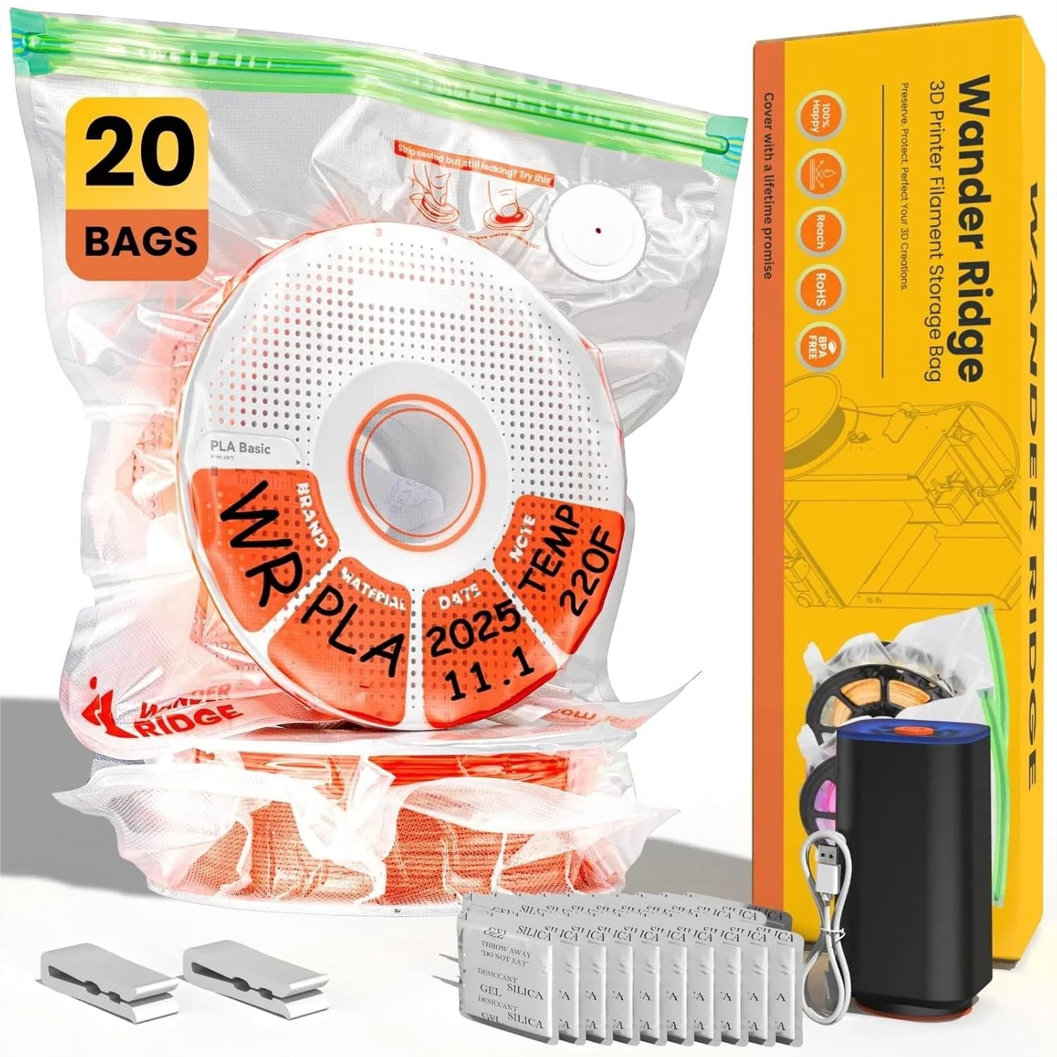Kit di Sacchetti per Conservazione Filamenti Stampante 3D con Pompa Automatica, 20 Sacchetti Sottovuoto 13x15 Pollici, 20 Assorbenti, 2 Clip Sigillanti, Antipolvere