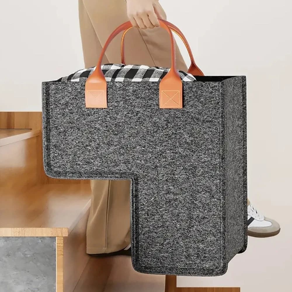 Cesto portaoggetti in feltro resistente con manici in PU, decorazione per scale di casa e ufficio, cesto a forma di L per vestiti, giocattoli e oggetti vari.