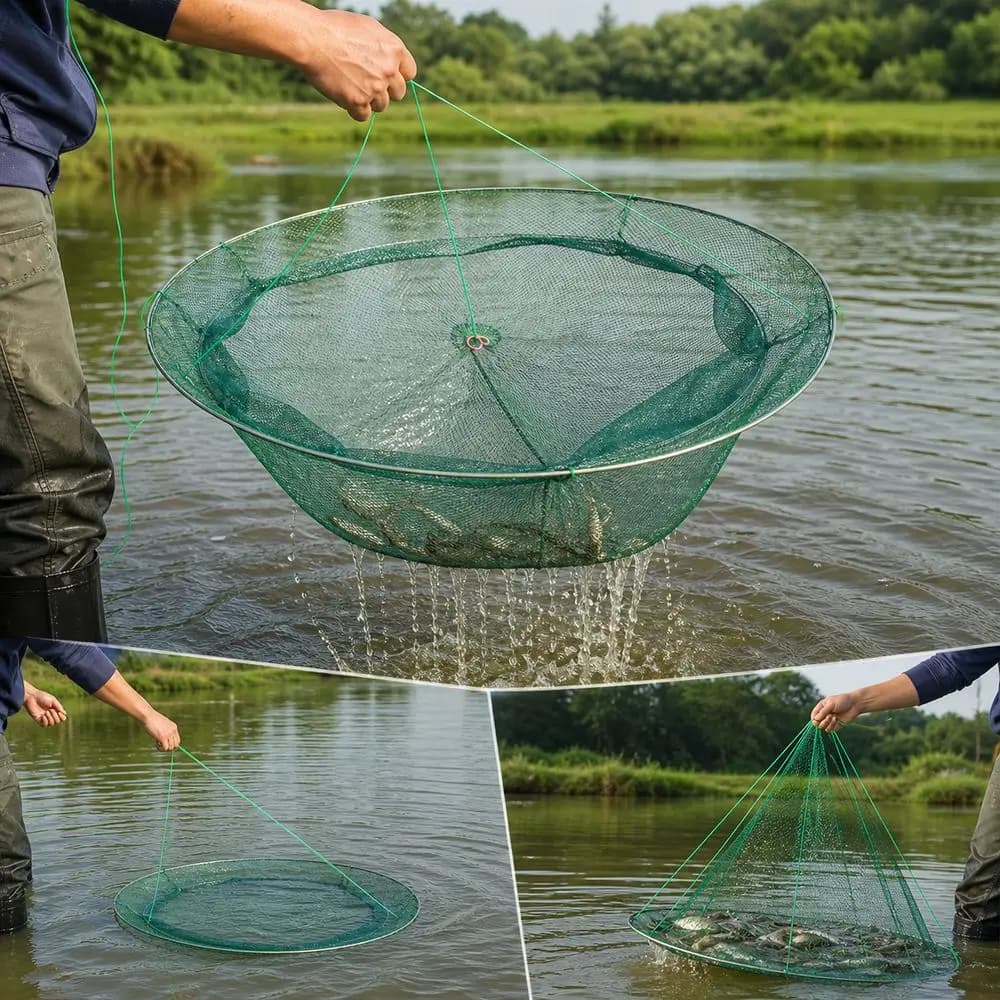 New Foldable Fishing Net Pull Rope Circular Frame Fishing Lift Net Mesh Net Fish Catching Basket Eel Catching