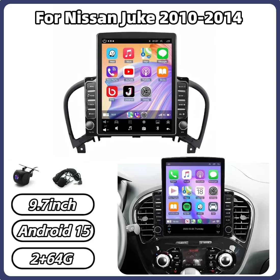 Autoradio 2+64G per Nissan Juke 2010-2014, 9.7 pollici, con Carplay, Android Auto, comandi al volante, GPS, Navigatore.