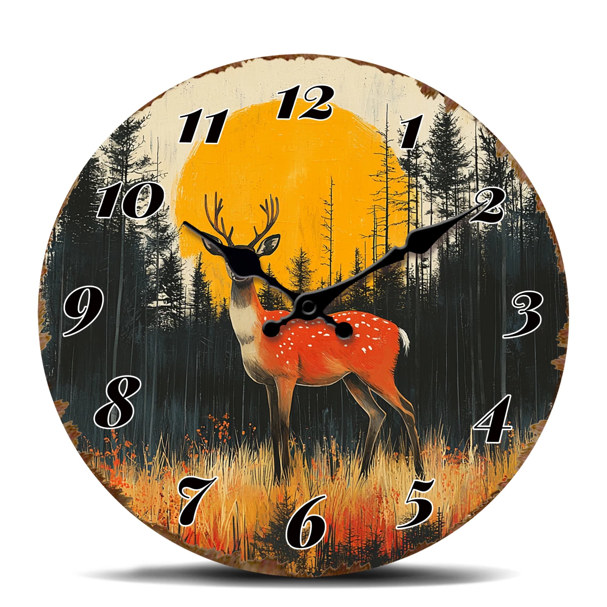 Round wall clock with spotted deer in a sunny forest, decorative wall clock for nature lovers