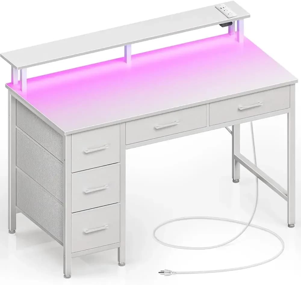 Computer Desk with Power Outlets & LED Light, 39 inch Home Office Desk with 5 Drawers, Writing Desk with Monitor Stand, Work Des