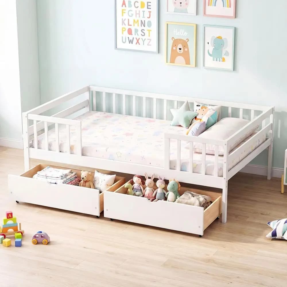 Letto per Bambini in Legno Bianco con Cassetti Portaoggetti, Mensole Laterali e Sponde, Adatto per Bambini e Bambine, Non Richiede Rete a Doghe