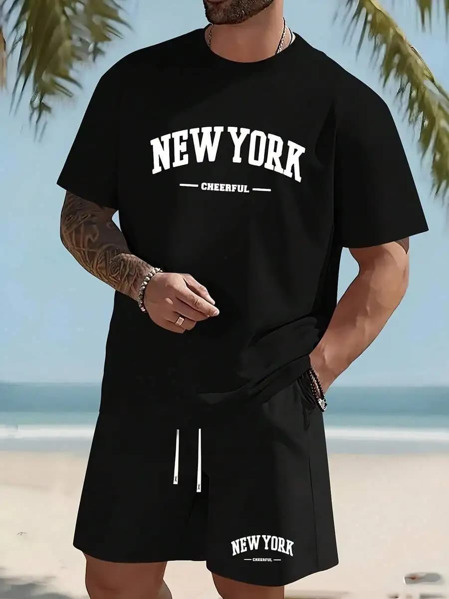 Completo estivo casual da uomo a due pezzi con t-shirt stampata e pantaloncini