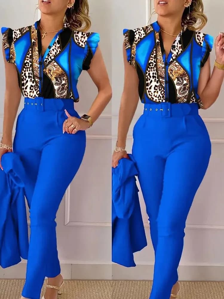 Elegant and thin women's set in two pieces, summer fashion, print, V-neck, buttons, flying sleeves, tops and long solid trousers, dresses with belt