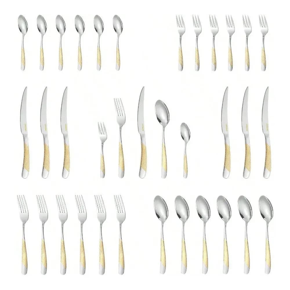 Set di posate di lusso in oro, set di posate da cucina per 6 persone, set di utensili da tavola premium con coltello da tavola e cucchiaio.