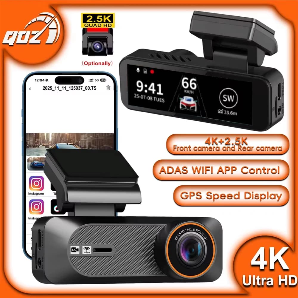 QOZ Mini Dash Cam 4K for Car, Double Lens 4K+2.5K, WiFi GPS WDR Night Vision Monitoring Parking 24H