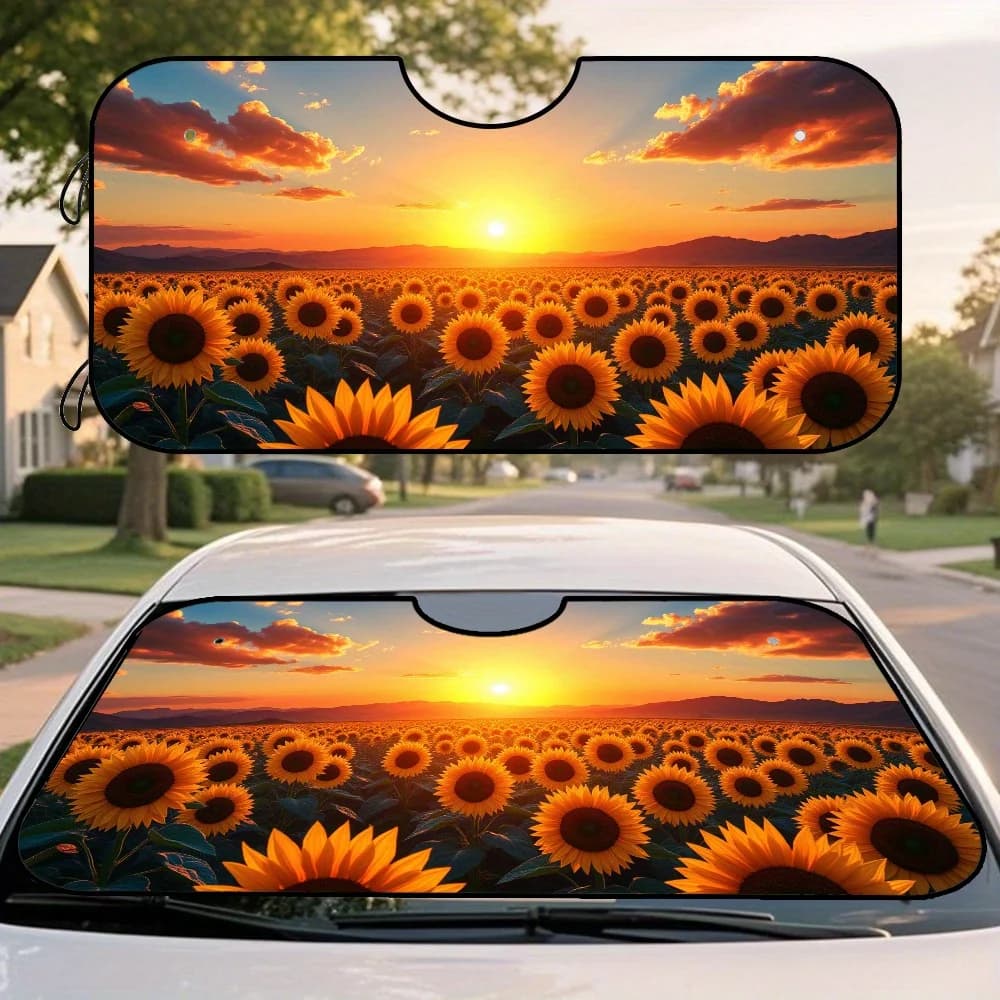 1pc, Sunset Sunflowers Landscape Print Front Windshield Sun Shade For Car, Foldable Sun Visor, Suitable For Business Drives, Urb