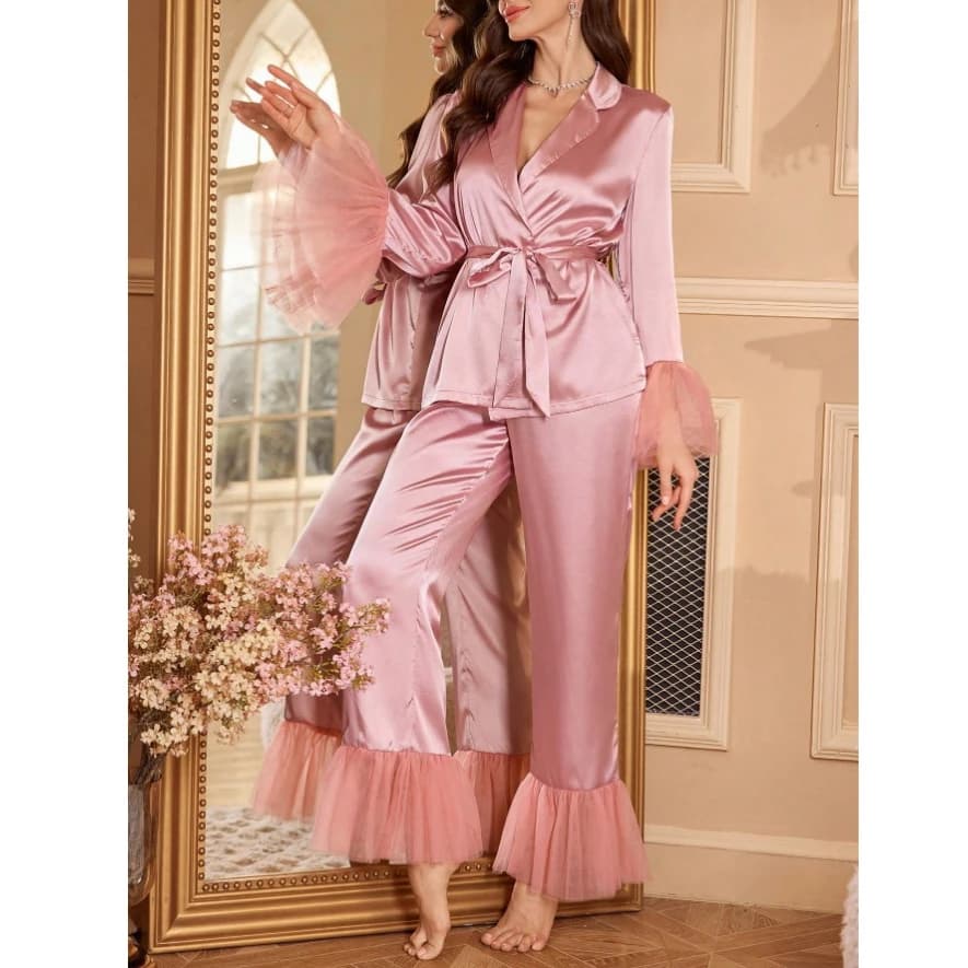 Pigiama elegante per la festa nuziale della sposa 2 pezzi Pigiama in raso con maniche svasate Pigiama patchwork in rete PJS Loungewear in raso da donna allentato