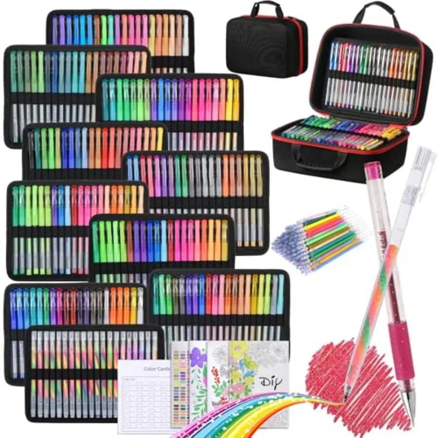 Set di 378 Penne Gel Glitterate, 198 Colori, Include 180 Penne Gel Colorate con 180 Ricariche, 18 Penne Gel Colorate per Adulti