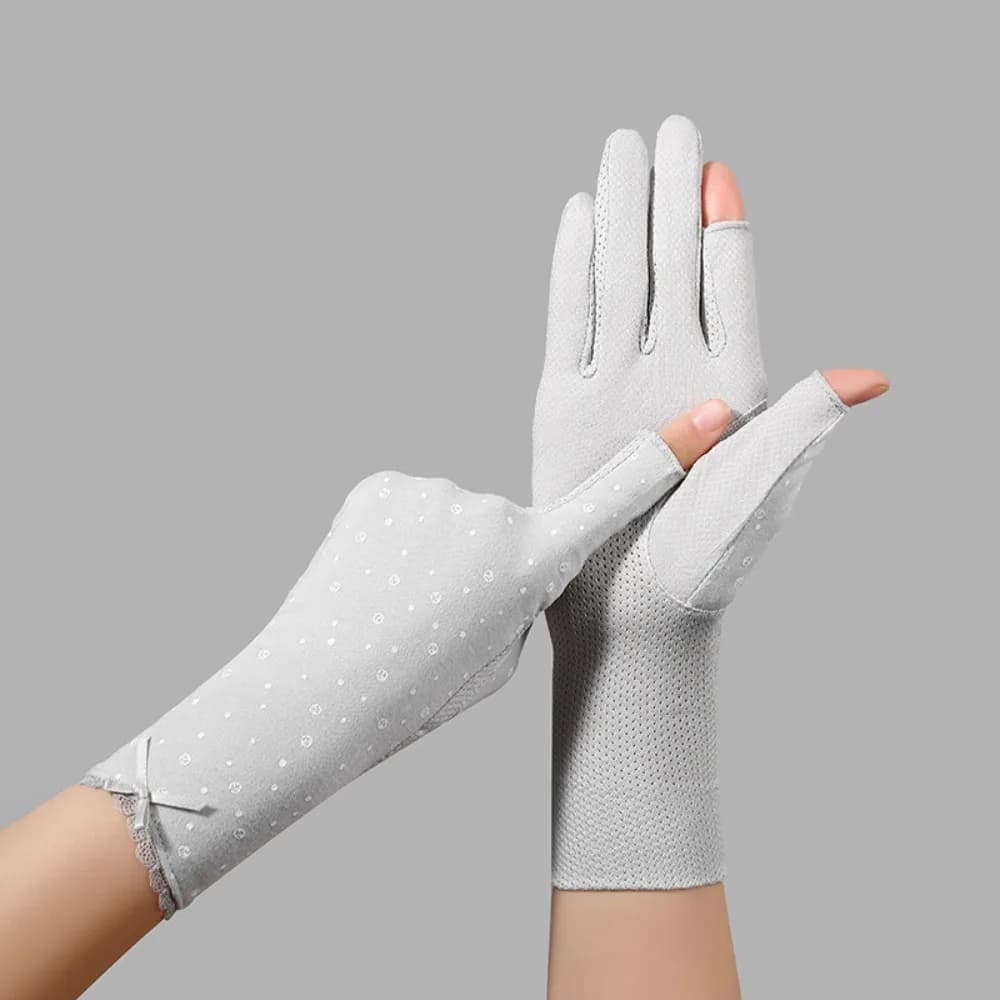 Guanti da guida alla moda con finiture in pizzo, guanti da ciclismo antiscivolo anti-UV, guanti sottili di media lunghezza per la protezione solare