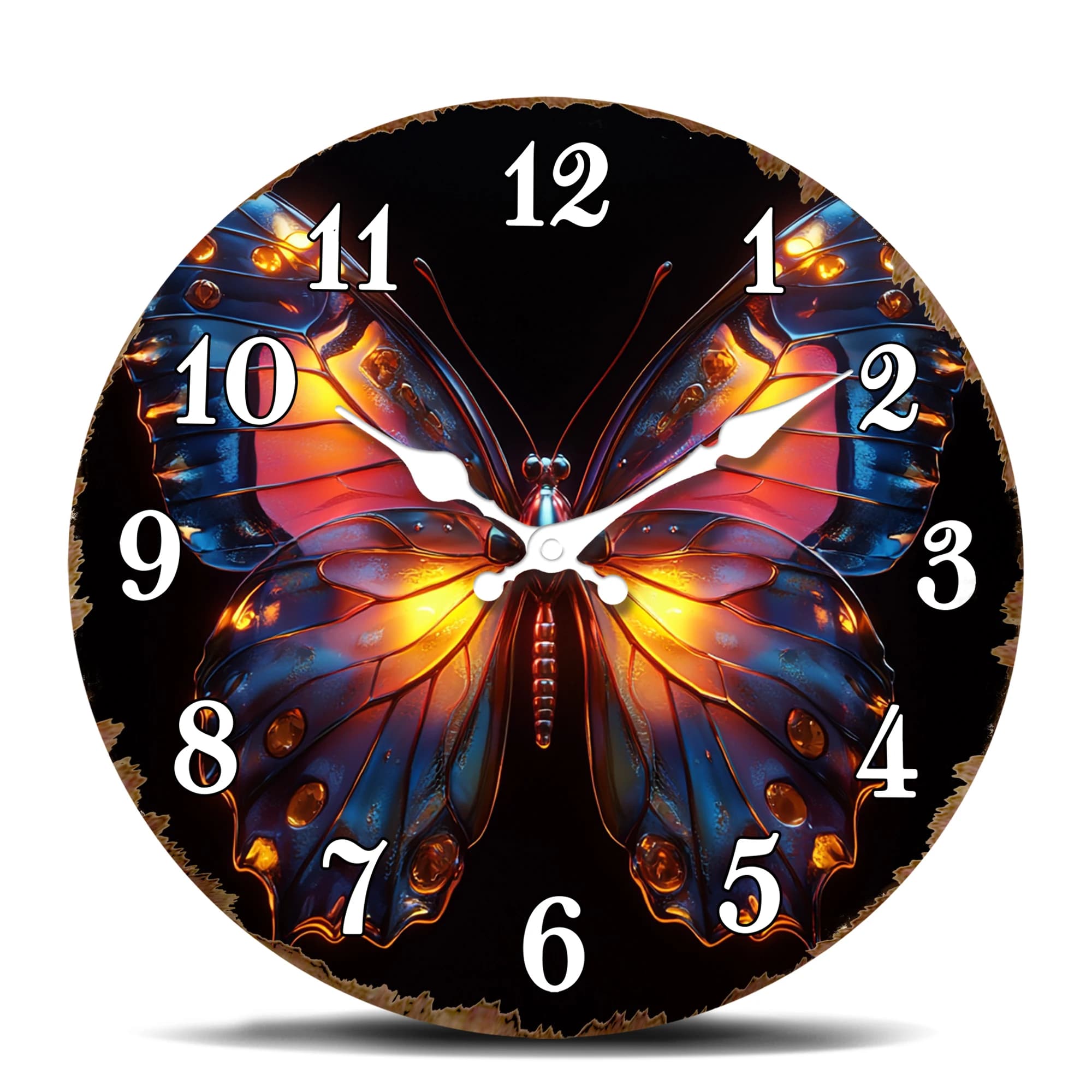 Orologio da parete con farfalla luminosa con toni di fuoco, orologio al quarzo silenzioso a tema insetti, sorprendente orologio rotondo decorativo per amore artistico