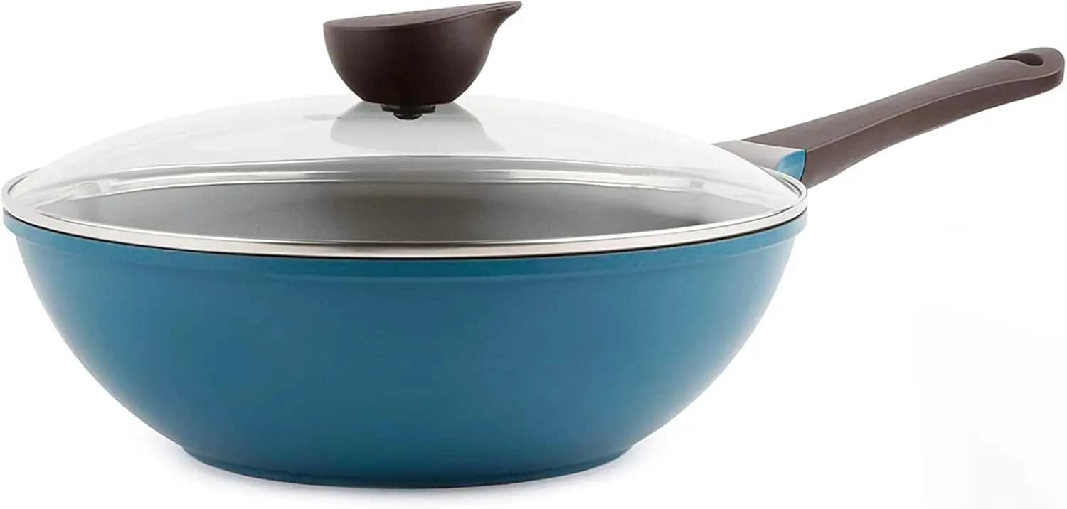 Wok in Ceramica Antiaderente da 12'' con Coperchio in Vetro, Padella Profonda Blu per Soffritti, Verdure, Carne, Pesce