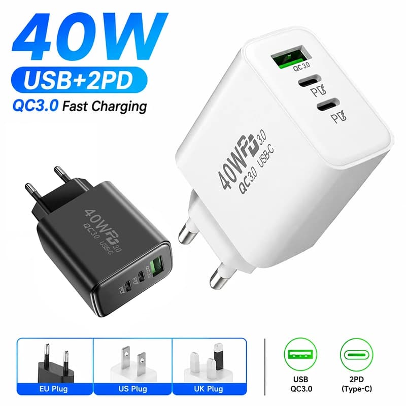 40W USB Type C Charger Fast Charging Phone Charger Adapter High Speed Charger For iPhone 17 Xiaomi Huawei Samsung EU/US/UK Plug