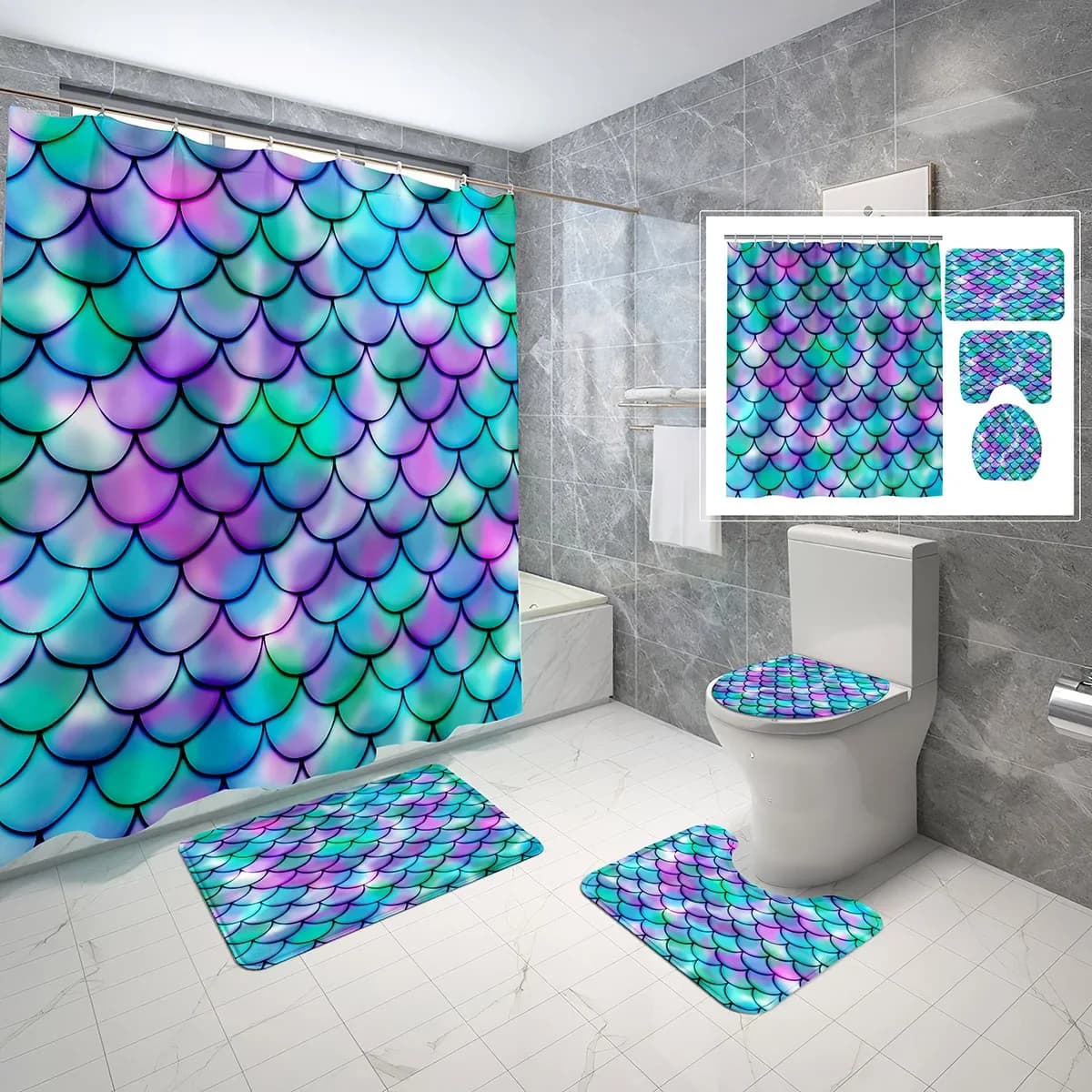 Set di tende da doccia in scaglie di sirena da 4 pezzi Fantasy Girls con tappeti antiscivolo Copri coperchio per WC e set di tende da doccia impermeabili