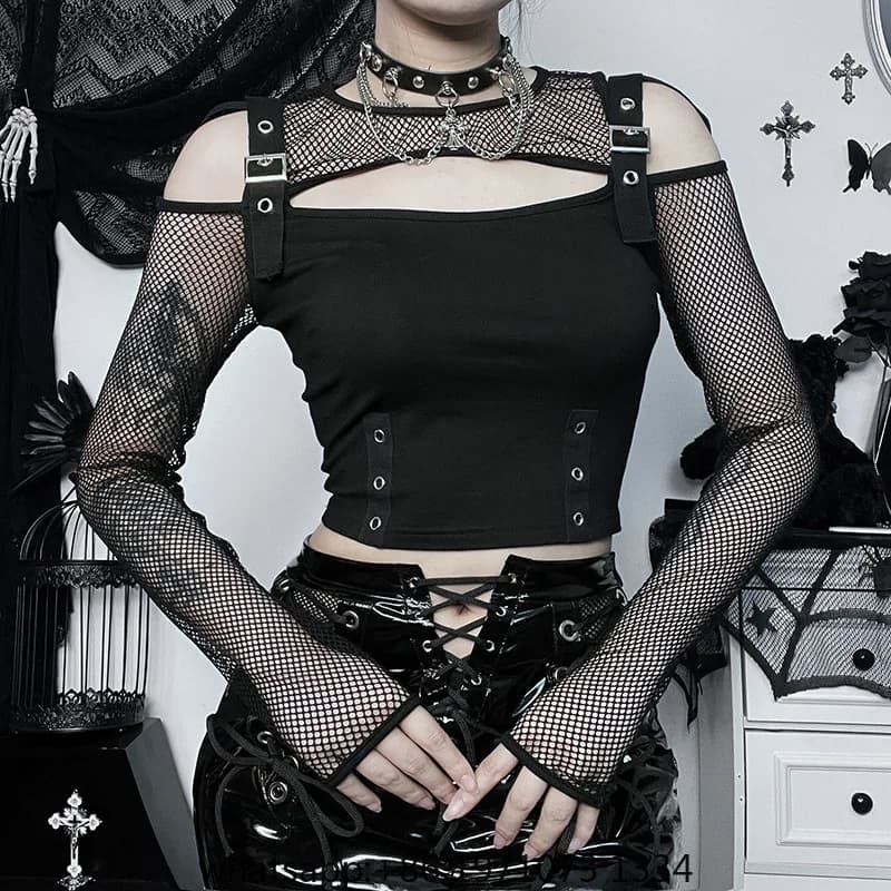 Goth Dark Mall Gothic Fishnet Patchwork T-shirts Grunge Punk Hollow Out Buckle Crop Tops Techwear Fashion Female Alt Streetwear