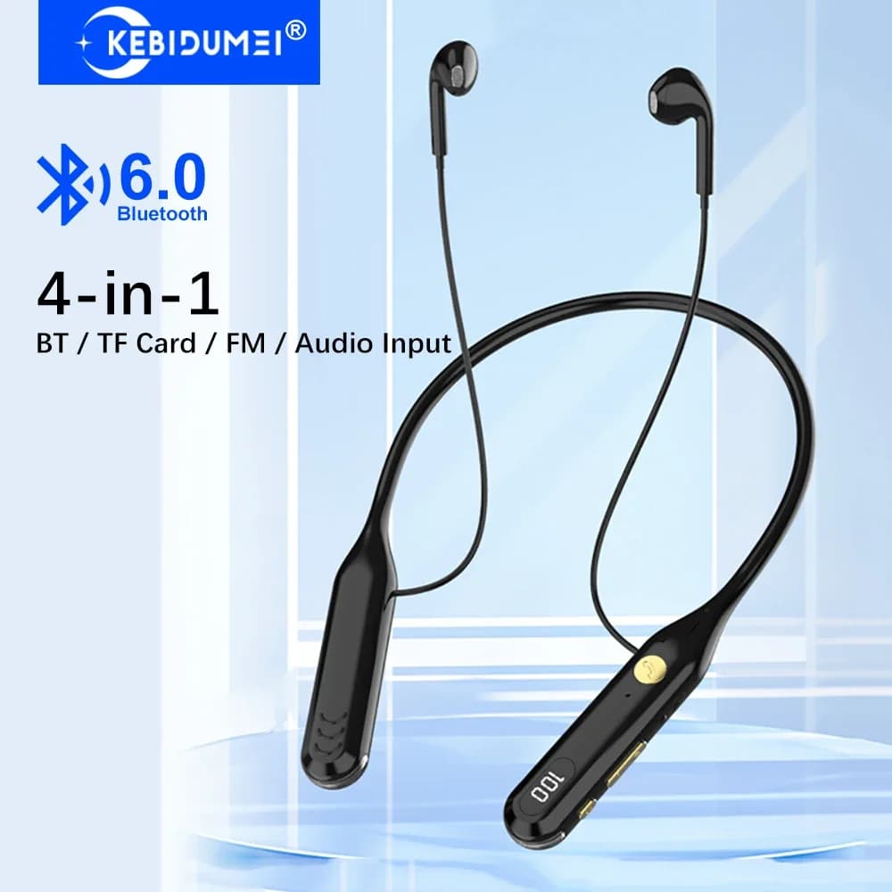 KEBIDUMEI Auricolari Bluetooth 6.0 4-in-1 con Fascia da Collo, Supporto Cablato/BT/TF/FM, Riduzione del Rumore, Cuffie Wireless