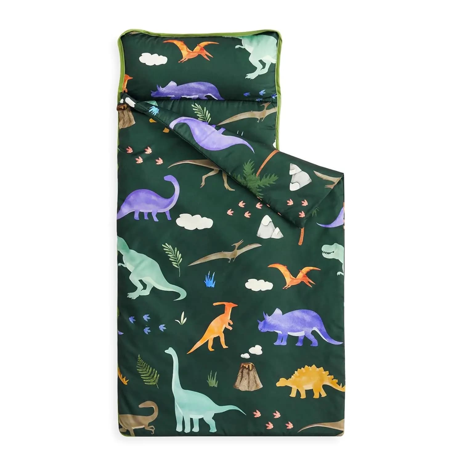 Children's rest pad with pillow and blanket, rollable sleeping bag for nursery, cute dinosaur design in dark green