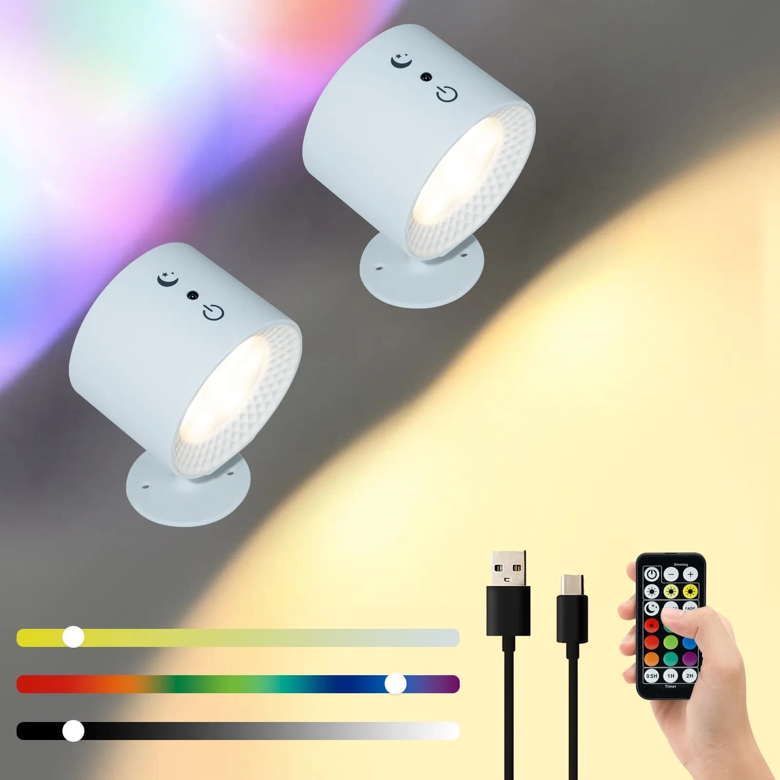 Lampada da parete 12 colori Wireles Touch Telecomando 360 ° Ruota luci notturne a LED RGB su e giù per la lettura della lampada da camera da letto ricaricabile