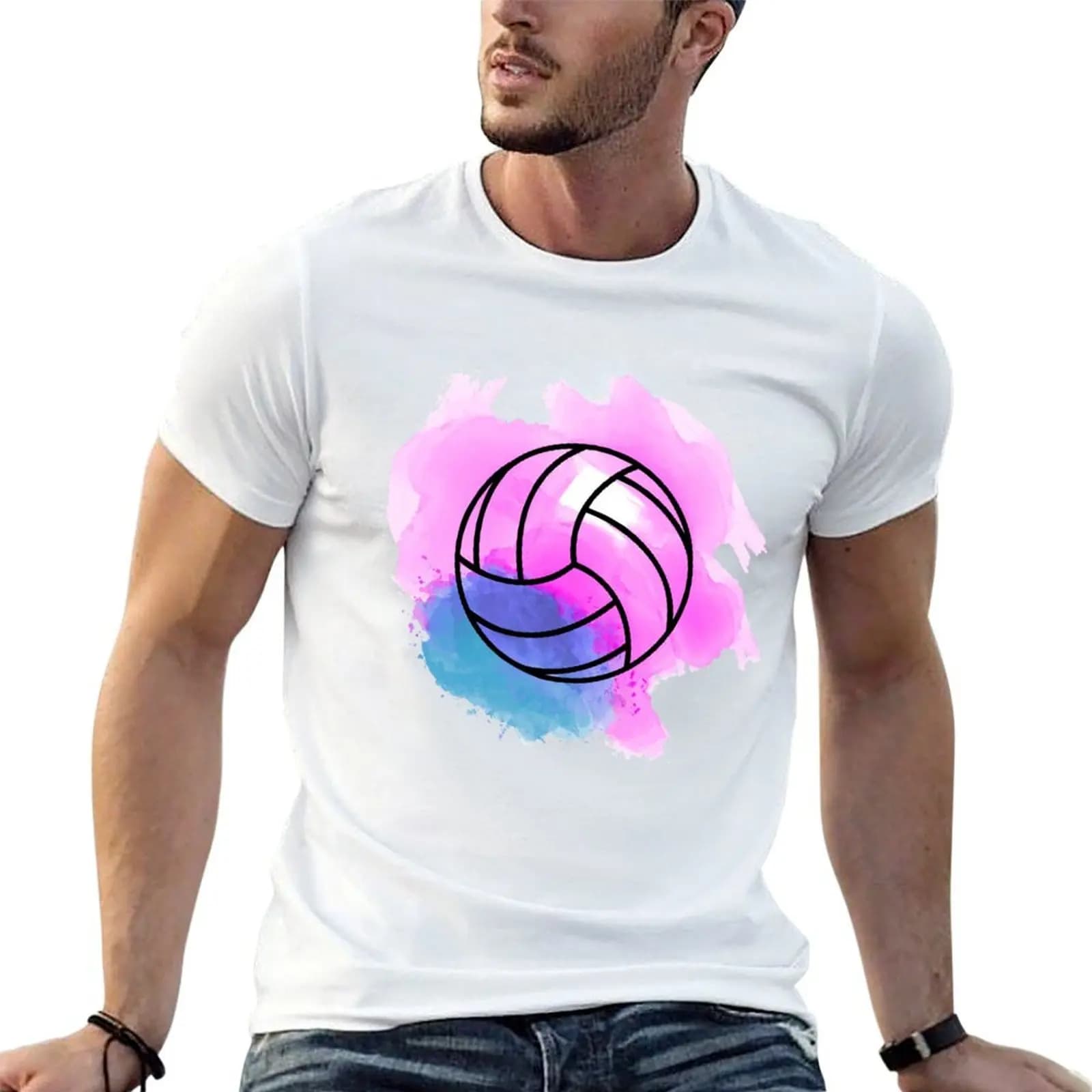 T-shirt con stampa acquerello di pallavolo, magliette divertenti, magliette in cotone con stampe, confezione di t-shirt in cotone