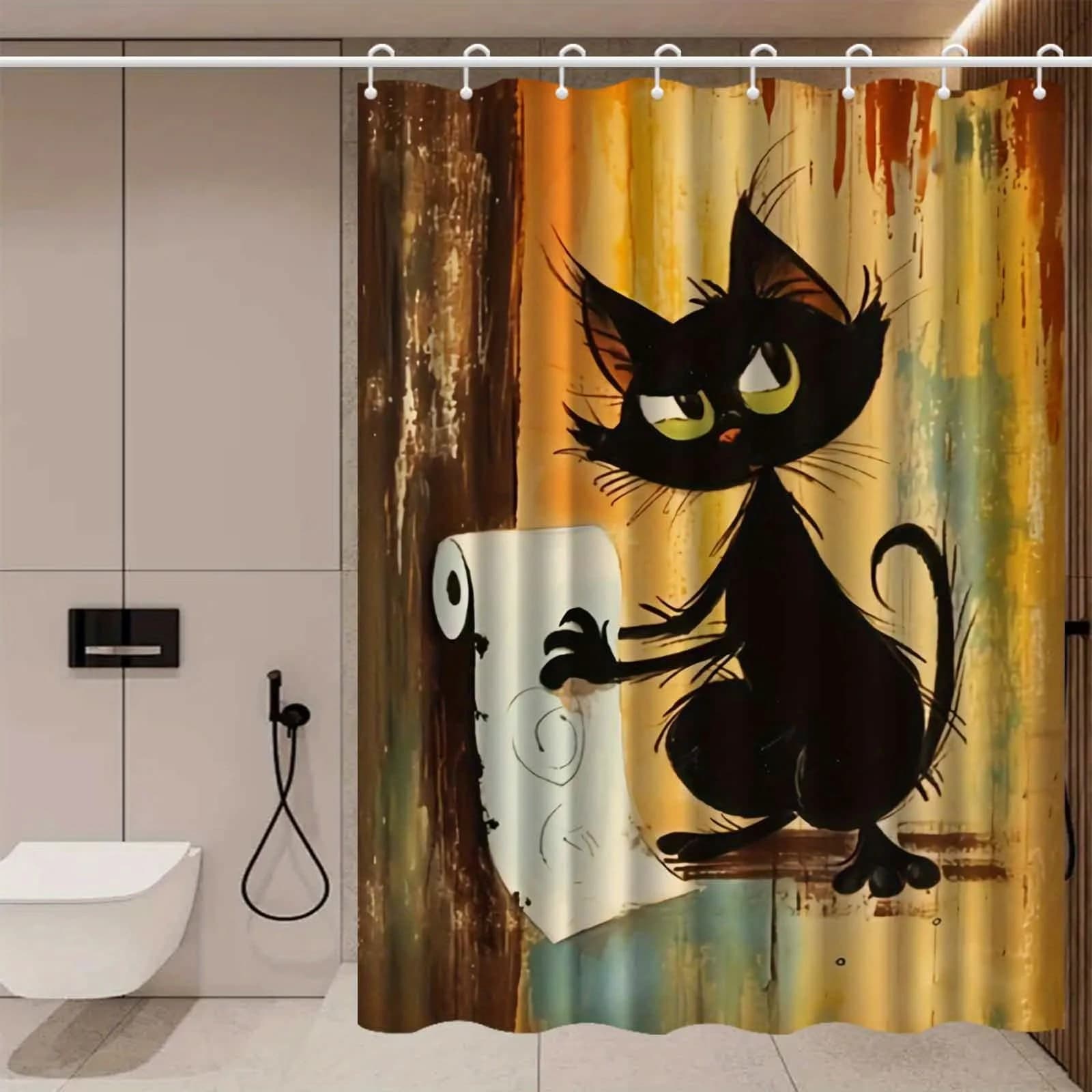 Divertente gatto nero tenda da doccia cartone animato gatto che tiene carta igienica umorismo arte arredamento per il bagno set di tende da bagno in tessuto impermeabile per la casa