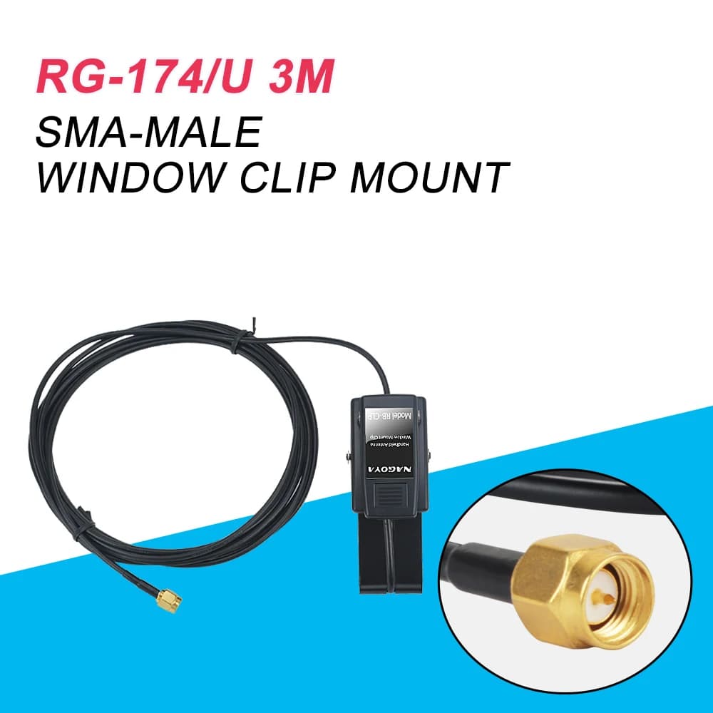 Antenna per Radio Mobile Auto Walkie Talkie Originale Nagoya con Clip per Finestrino RB-CLP e Cavo RG-174/U 3M