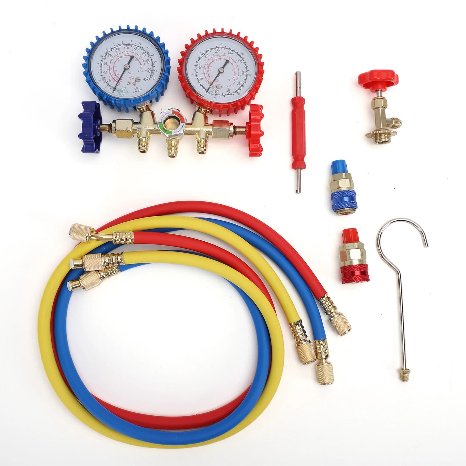 Kit di ricarica refrigerante HVAC con manometro AC per R134a R22 R12 R502, strumento diagnostico AC doppio manometro per auto e casa